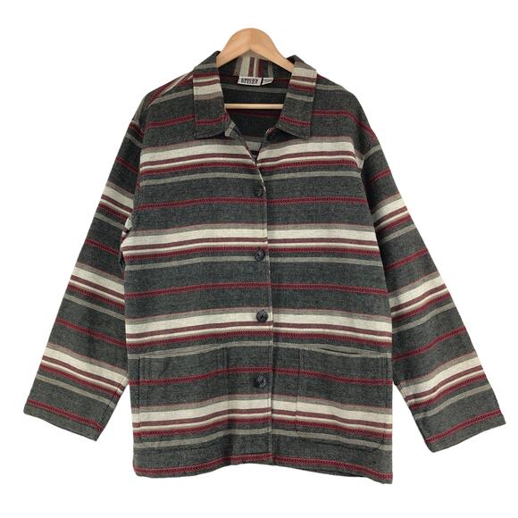 Chicos Design Womens Size 3 US 16 Jacket Cotton Canvas Striped Gray Red - Picture 1 of 16